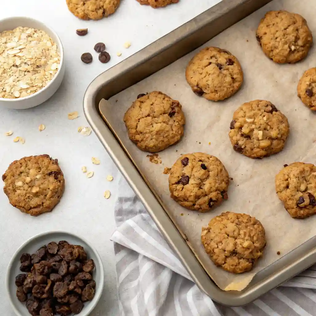 A pan of old fashioned oatmeal raisin cookies.