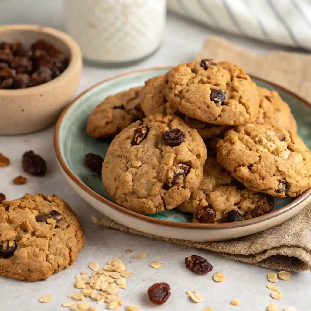 A plate of old fashioned oatmeal raisin cookies.