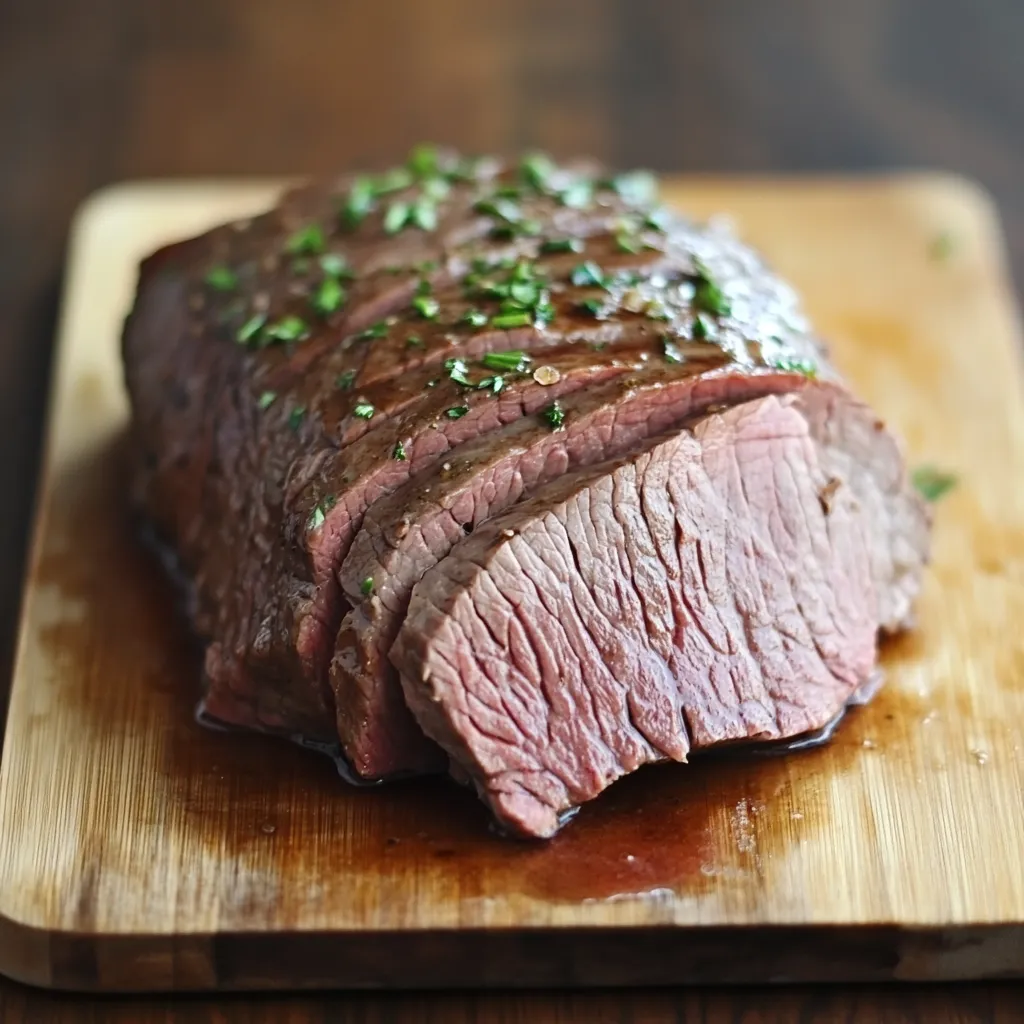 A London Broil steak on a wooden cutting board.