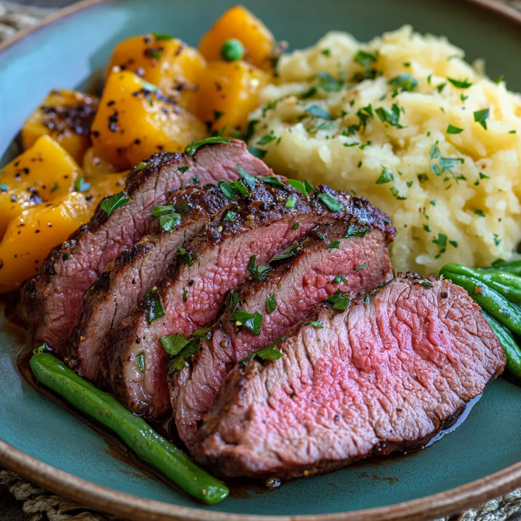 A London Broil steak with green beans and potatoes.