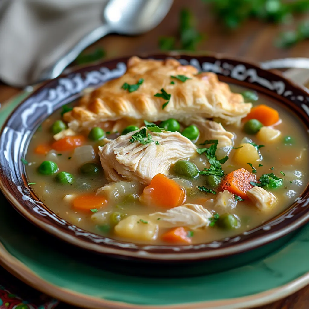 A bowl of soup with chicken and peas.