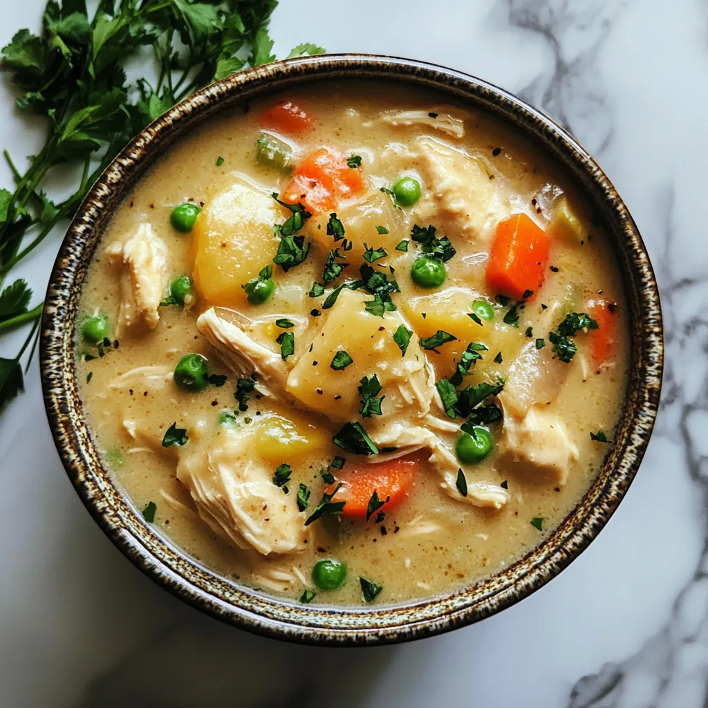 A bowl of chicken pot pie soup.