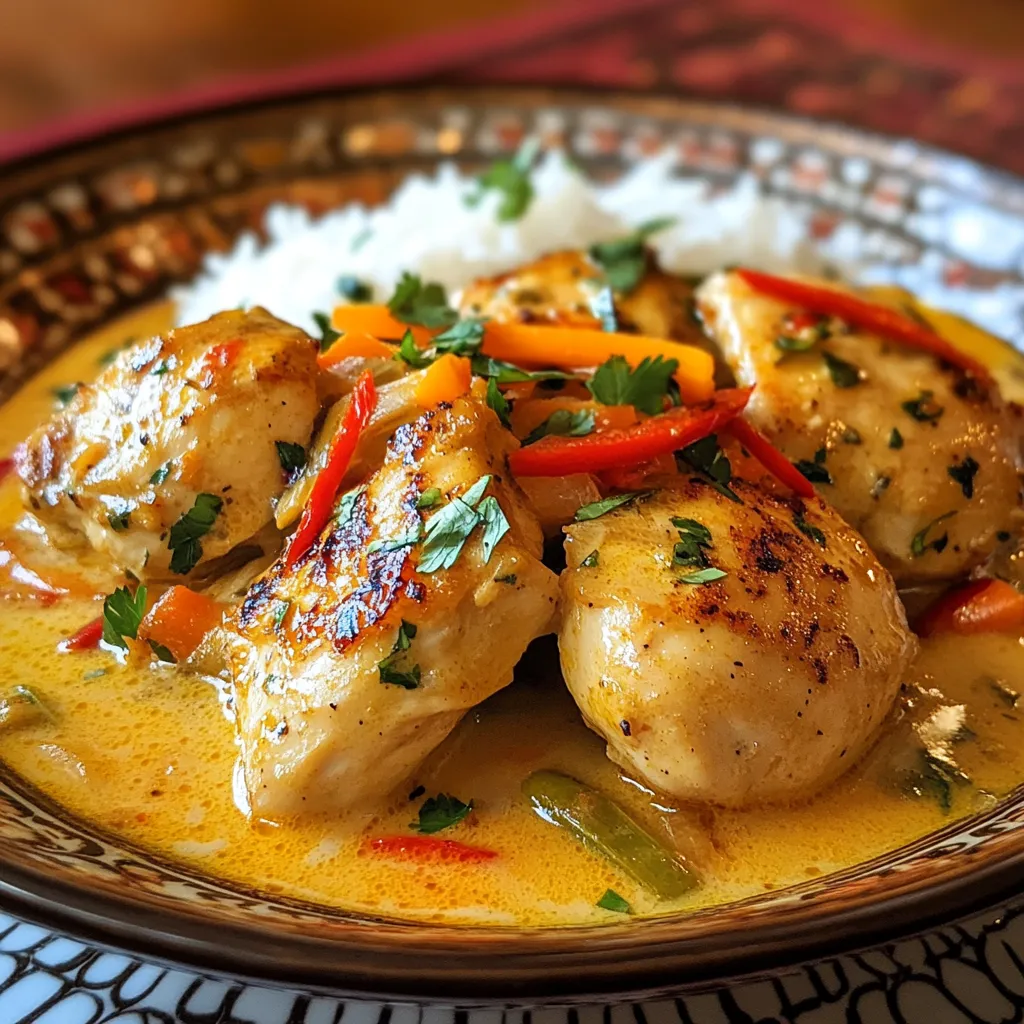 A plate of chicken with a sauce and rice.