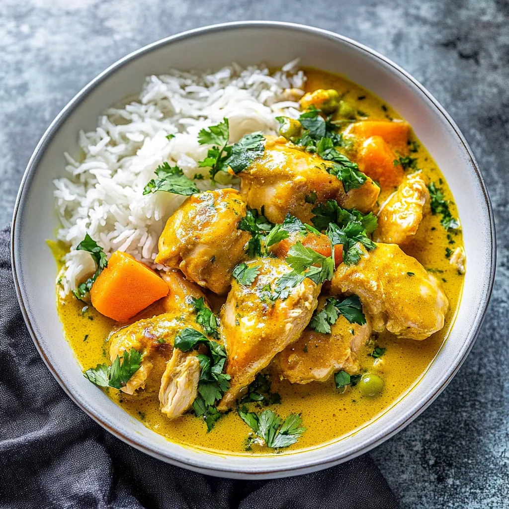 A bowl of chicken with rice and peas.