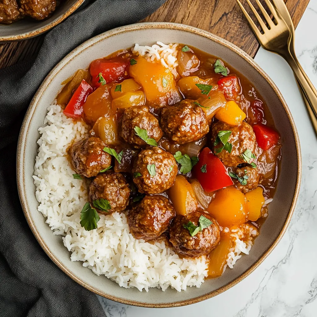 A bowl of meatballs with rice and peppers.