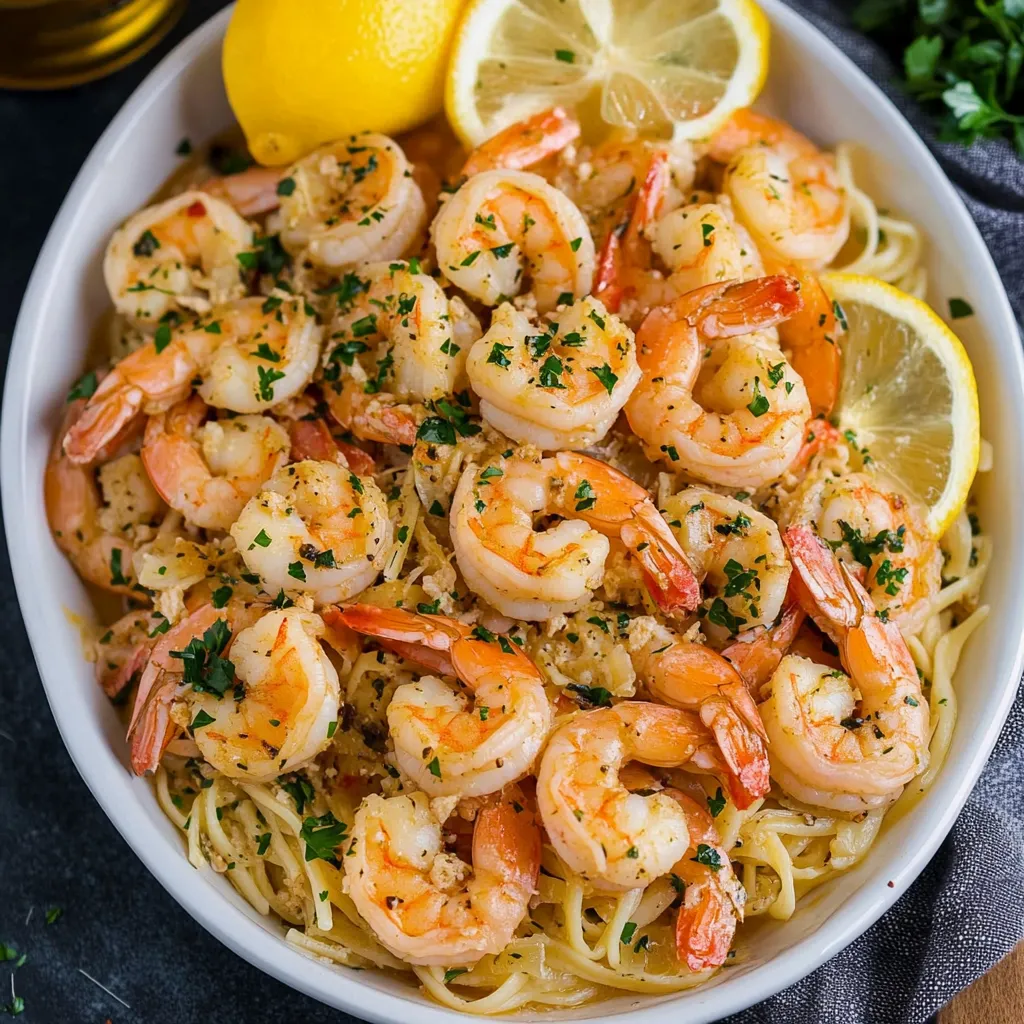 A bowl of shrimp scampi with lemon wedges on top.