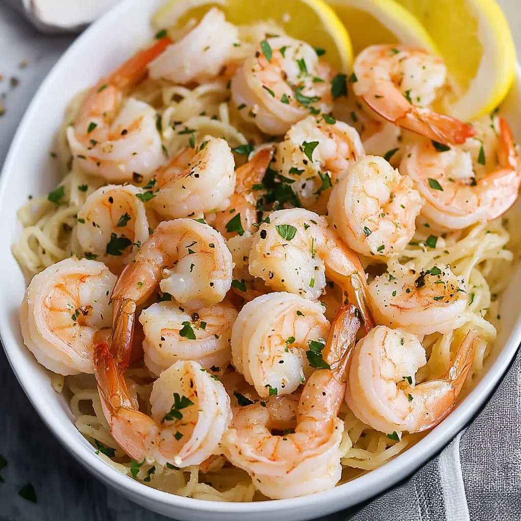 A bowl of shrimp scampi with a lemon wedge on top.