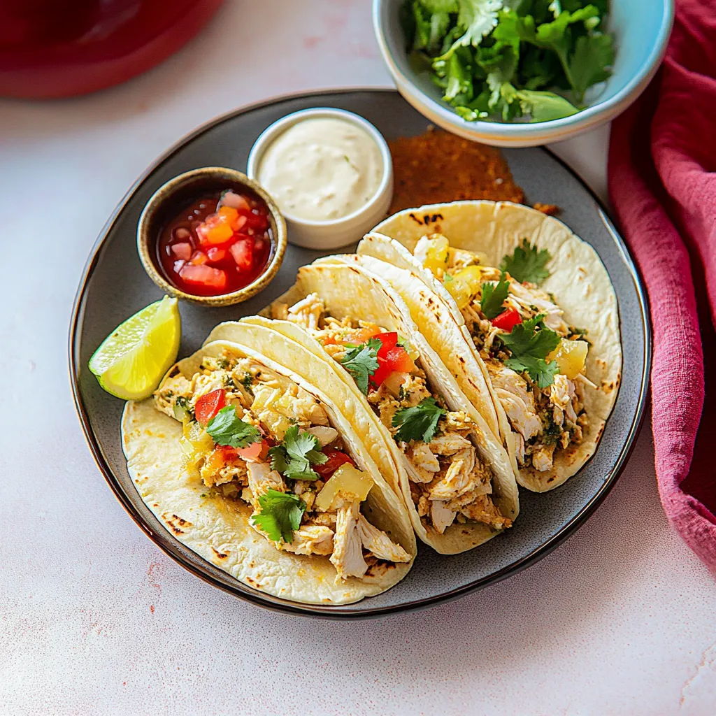 A plate of slow cooker verde chicken tacos.