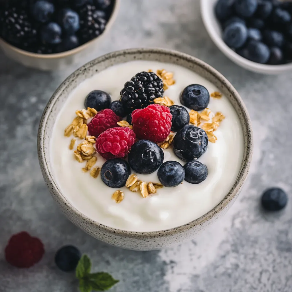 A bowl of yogurt with berries and granola.
