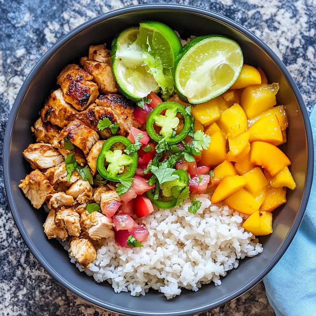 A bowl of food with chicken, peaches, and jalapenos.