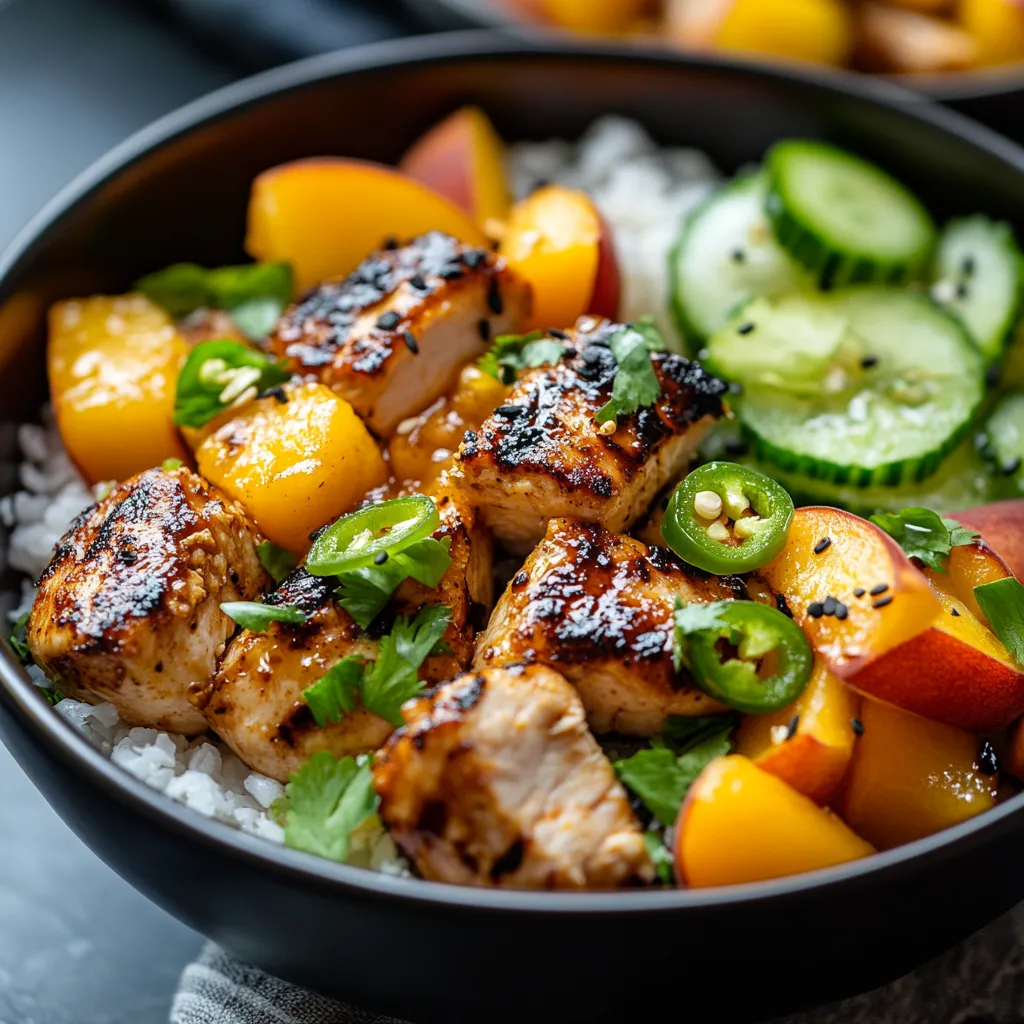 A bowl of food with peach jalapeño chicken.