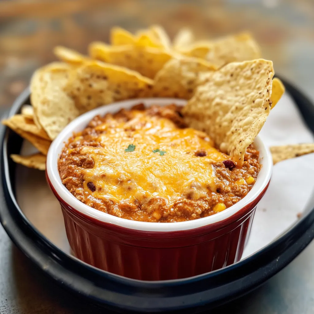 A bowl of chili cheese dip with chips on top.
