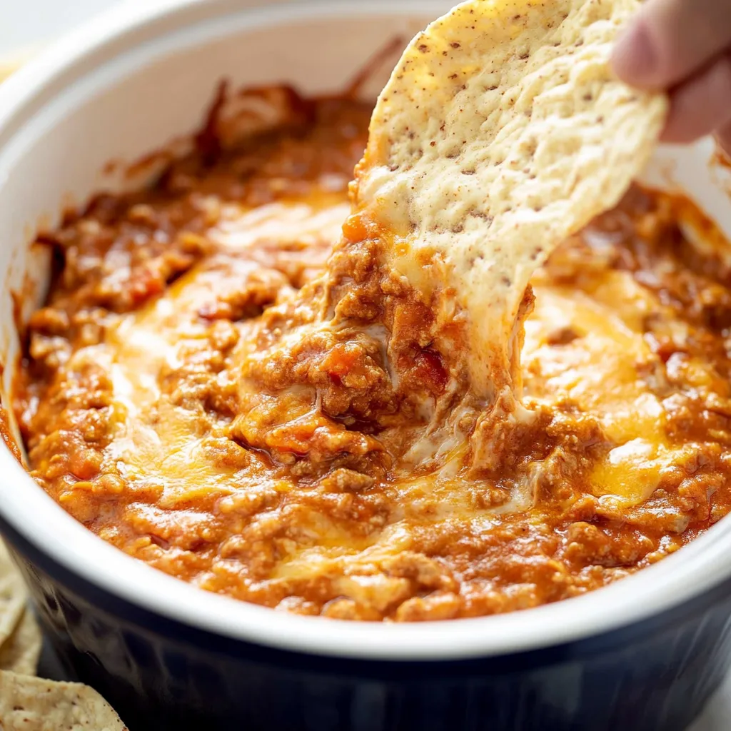 A person is dipping a tortilla chip into a bowl of chili cheese dip.