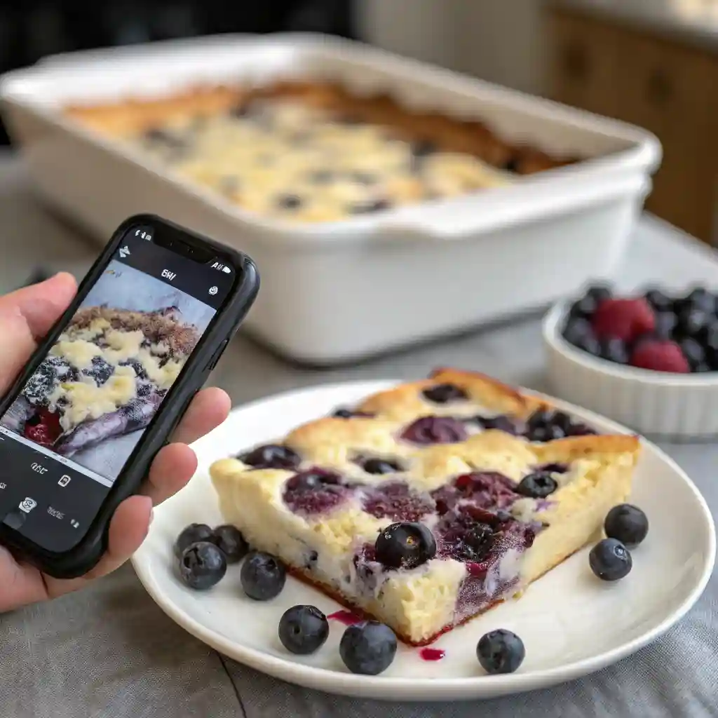 A slice of blueberry cottage cheese breakfast bake.