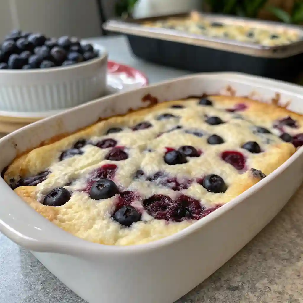 A white bowl of blueberry cottage cheese breakfast bake.