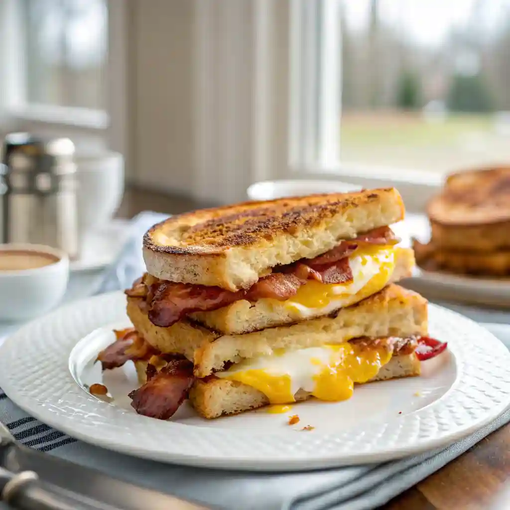 A grilled cheese sandwich with bacon and egg.