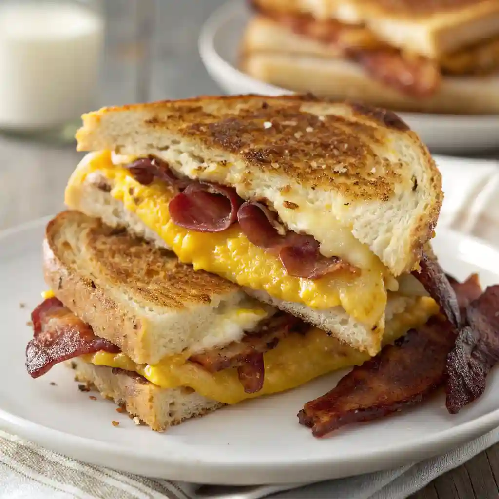 A grilled cheese sandwich with bacon on top.