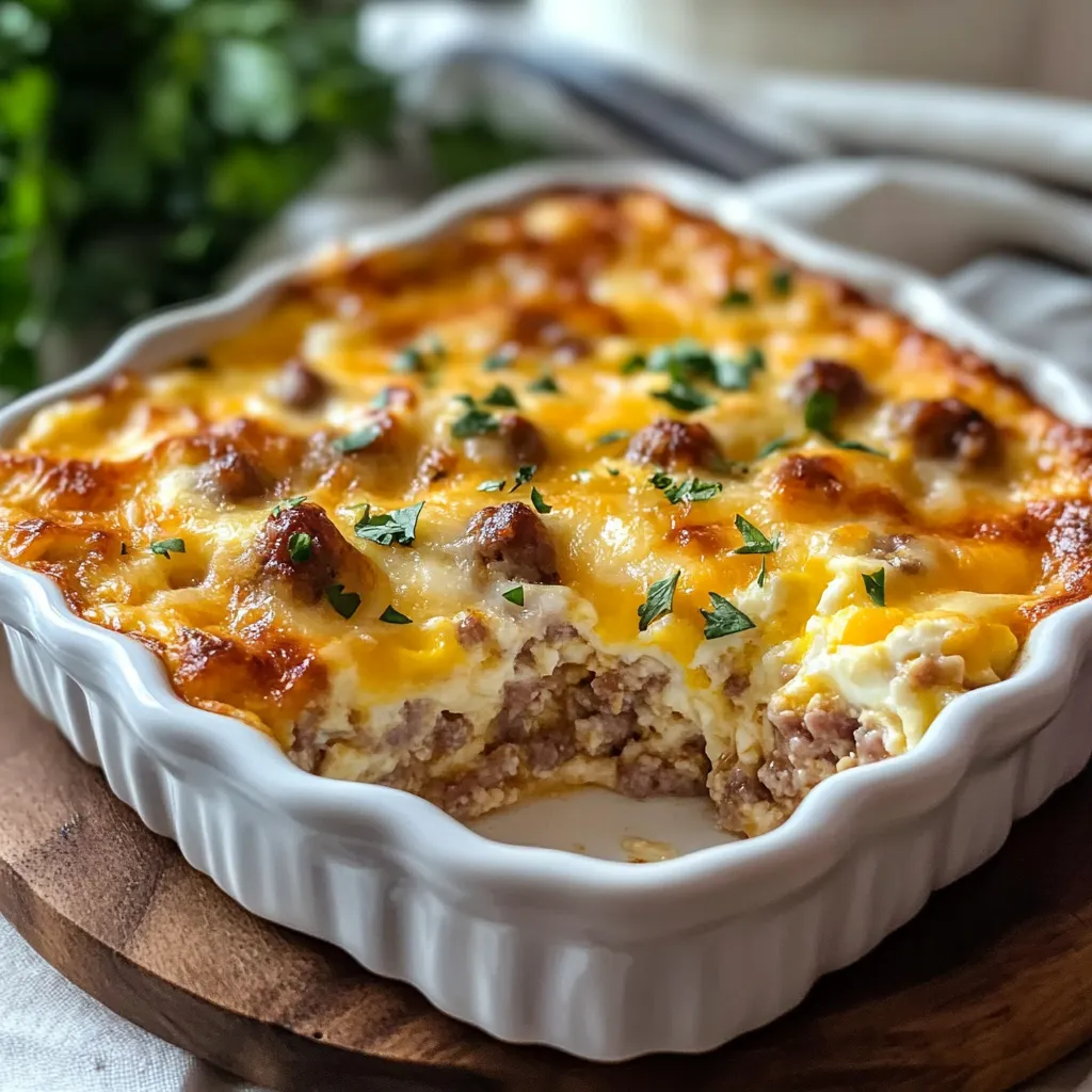 A white bowl filled with a sausage and egg casserole.