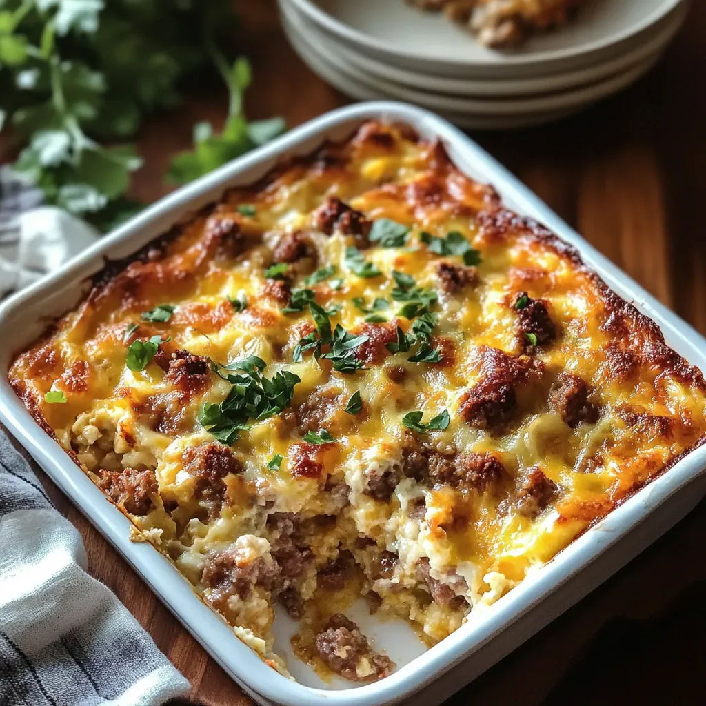A white dish with a sausage and egg casserole.