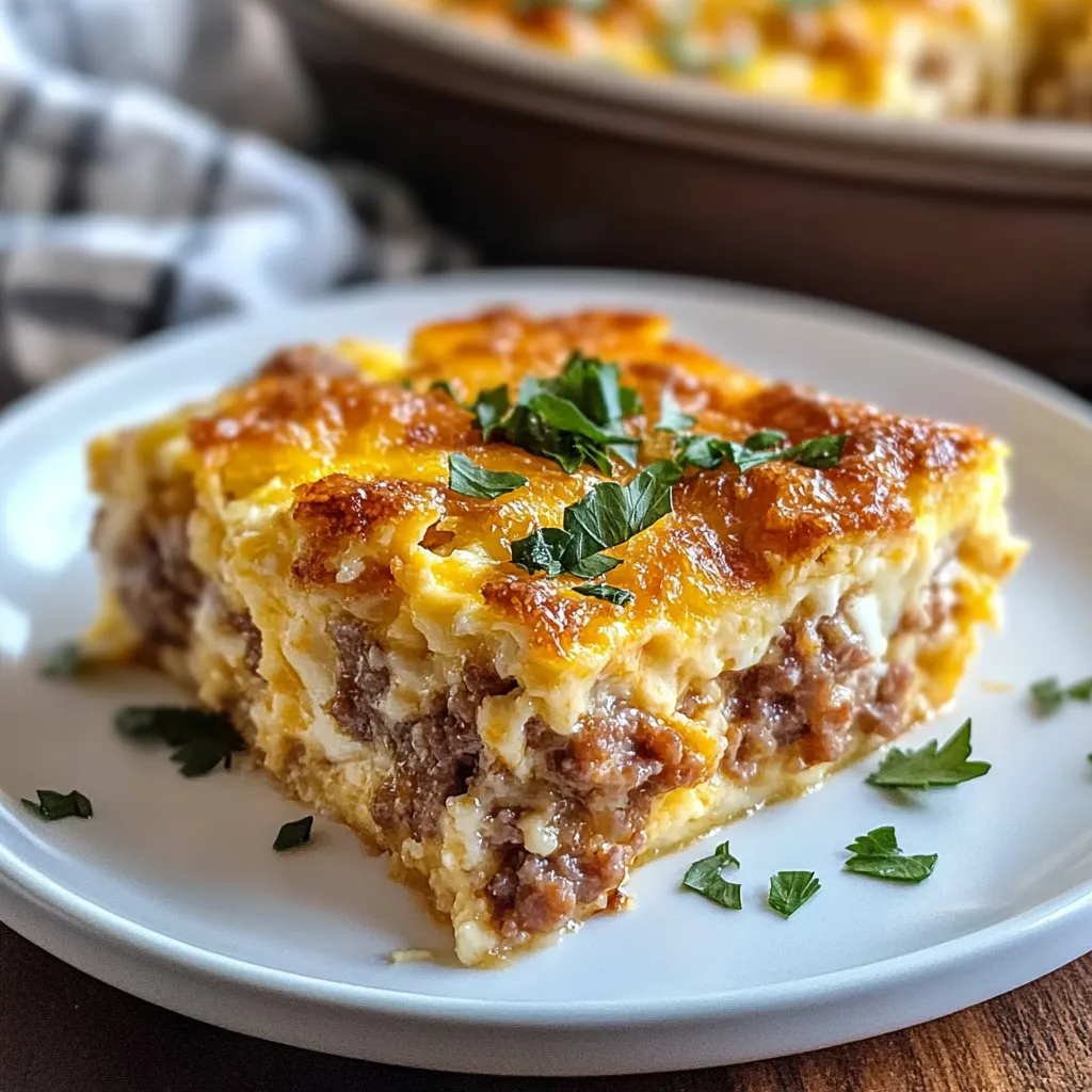 A white plate with a piece of sausage and egg casserole on it.