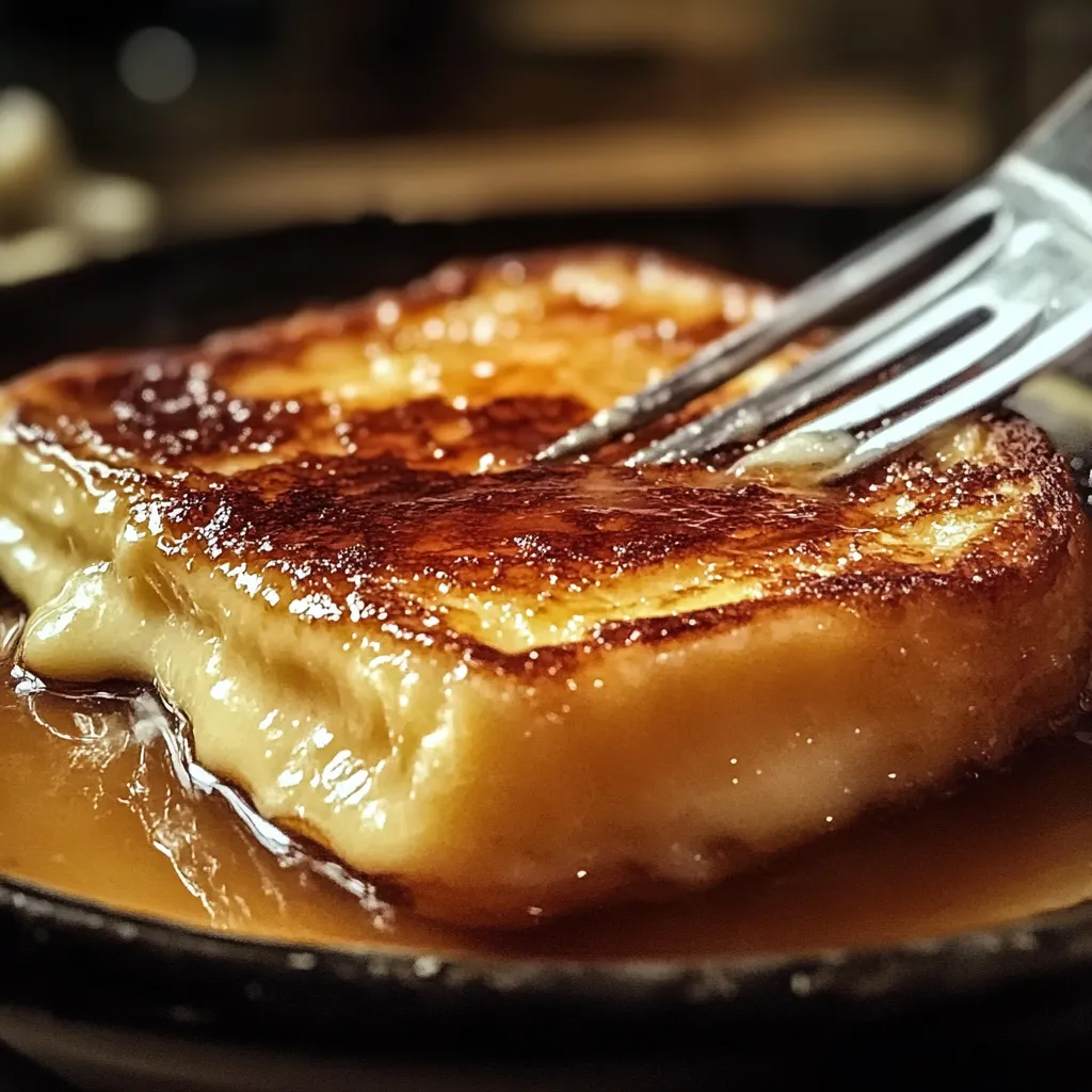 A fork is stuck in a piece of French toast.