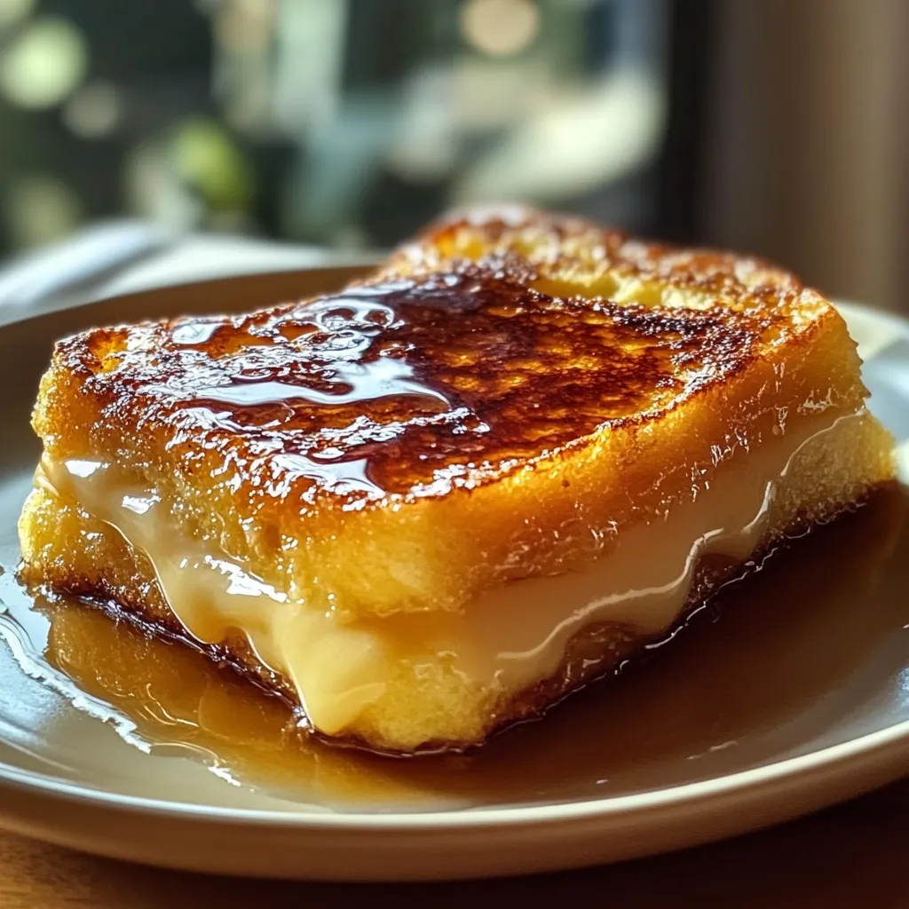 A slice of French toast with a caramel sauce.