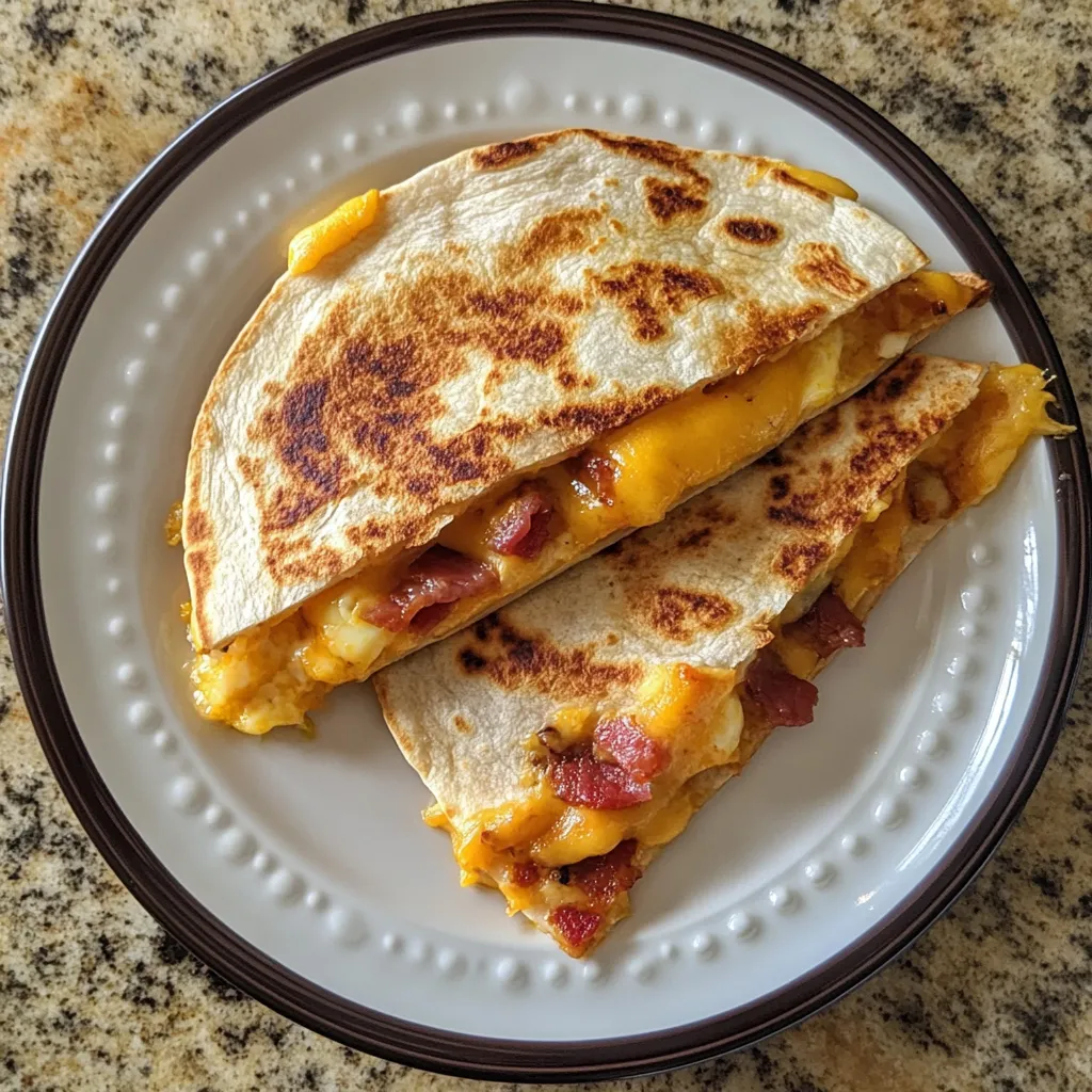 Two bacon egg and cheese quesadillas on a plate.