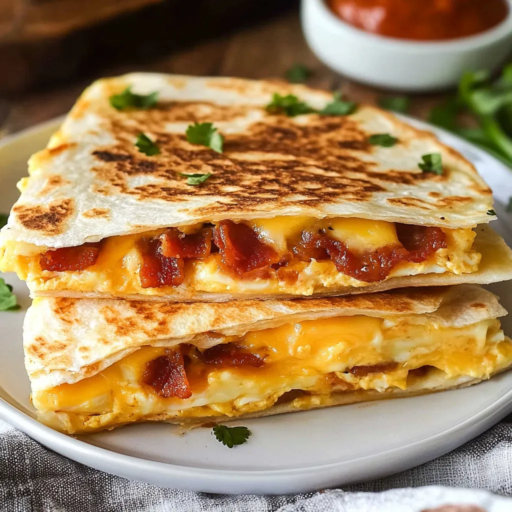 A stack of bacon, egg and cheese quesadillas.