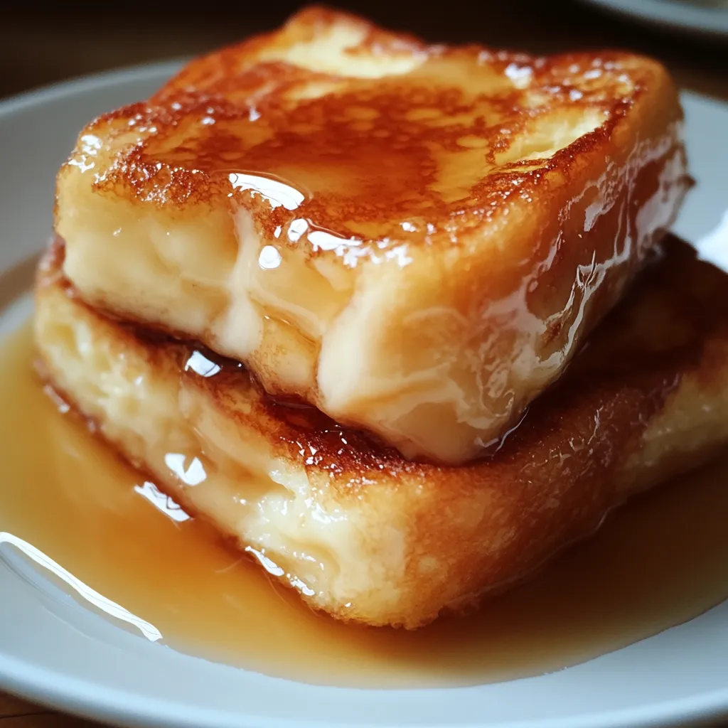 French toast with syrup on a white plate.