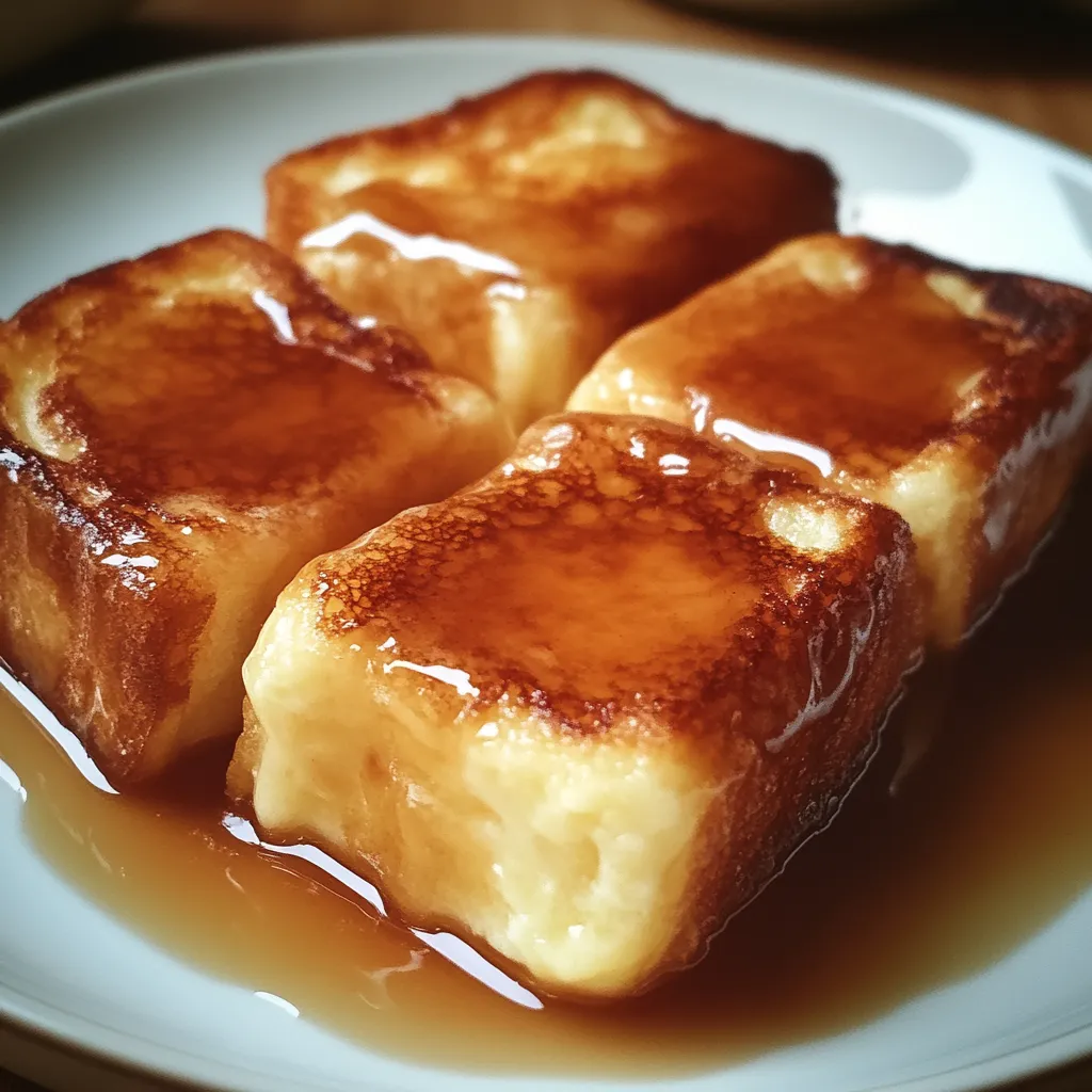 French toast with syrup on a white plate.