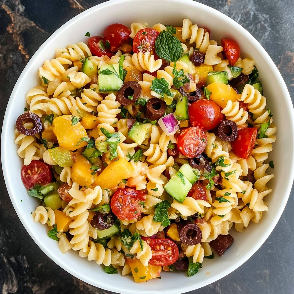 A bowl of pasta salad with tomatoes, cucumbers, and basil.