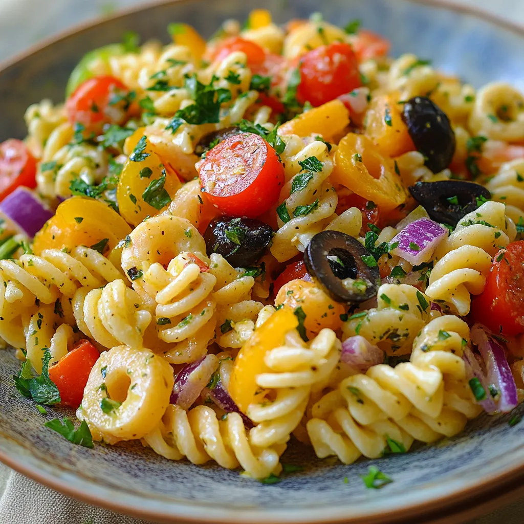 A bowl of pasta salad with tomatoes, olives, and herbs.