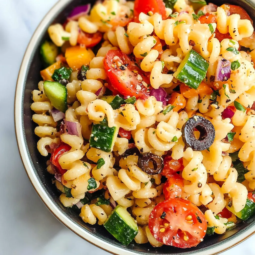 A bowl of pasta salad with tomatoes, cucumbers, and olives.