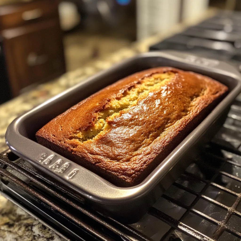 A loaf of banana bread in a pan.