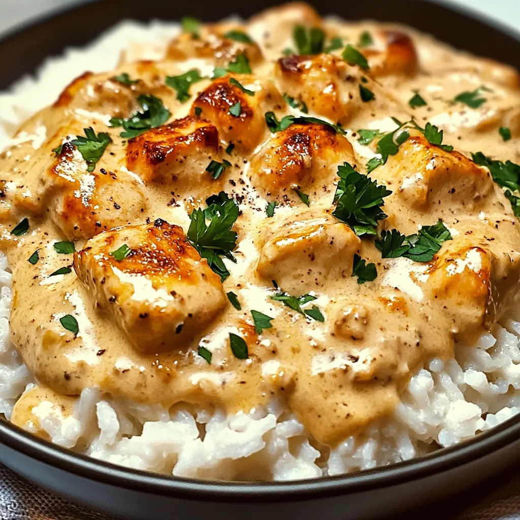 A bowl of rice and chicken with a creamy sauce.