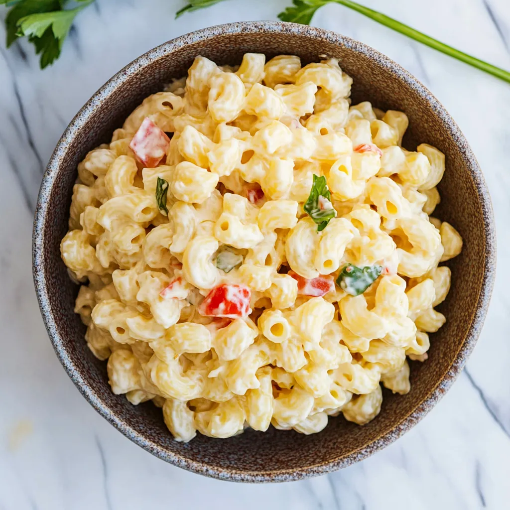 A bowl of macaroni salad with vegetables.