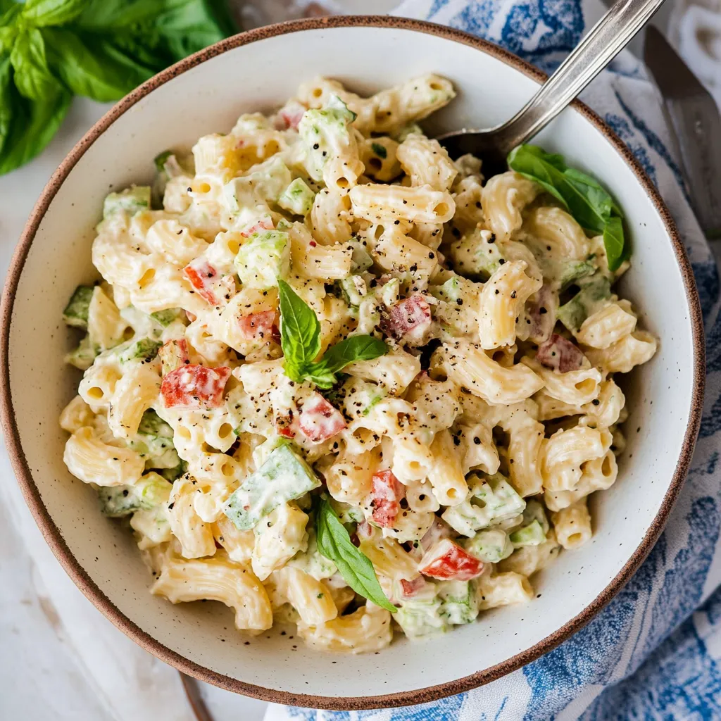 A bowl of vegan macaroni salad.