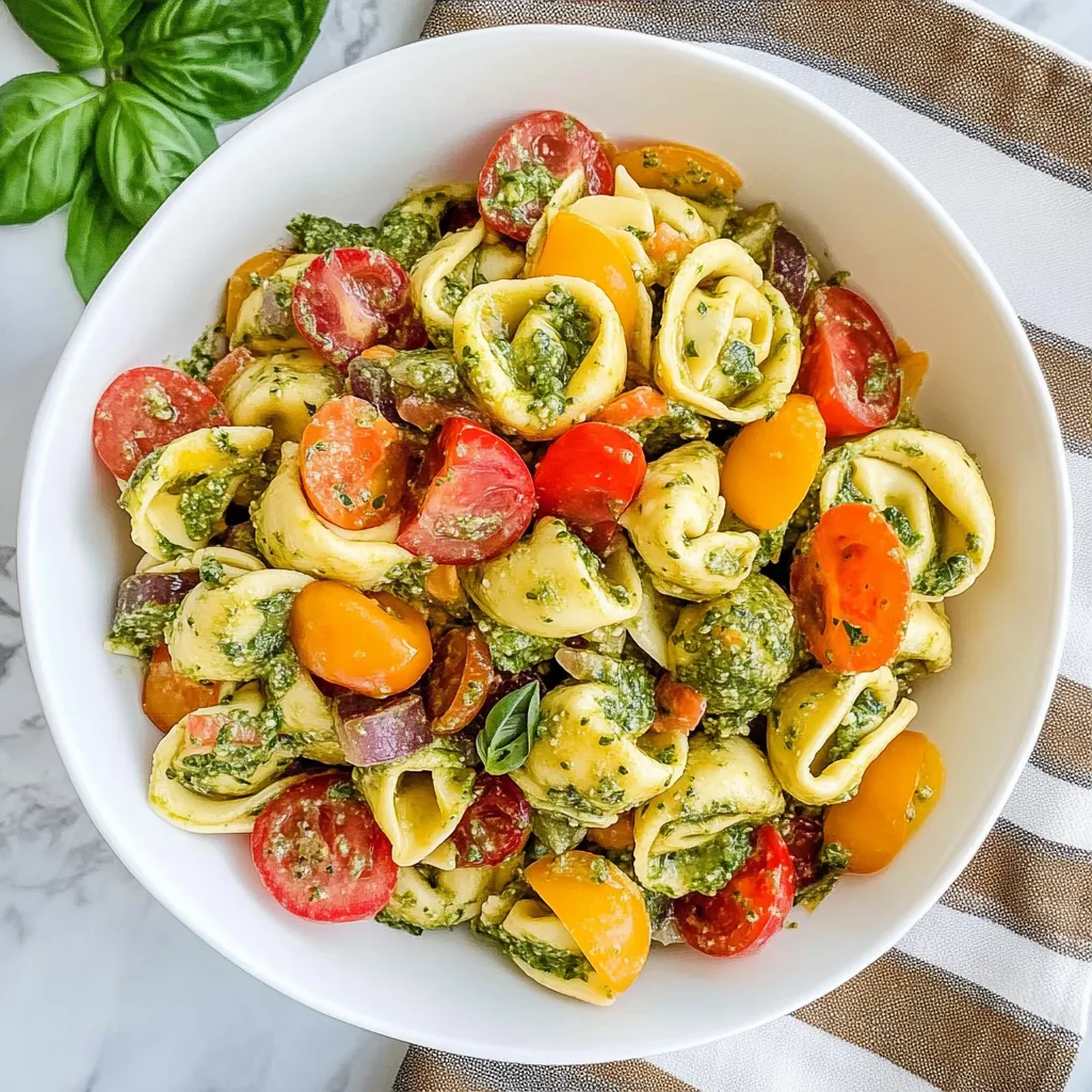 A bowl of pasta salad with tomatoes, basil, and spinach.