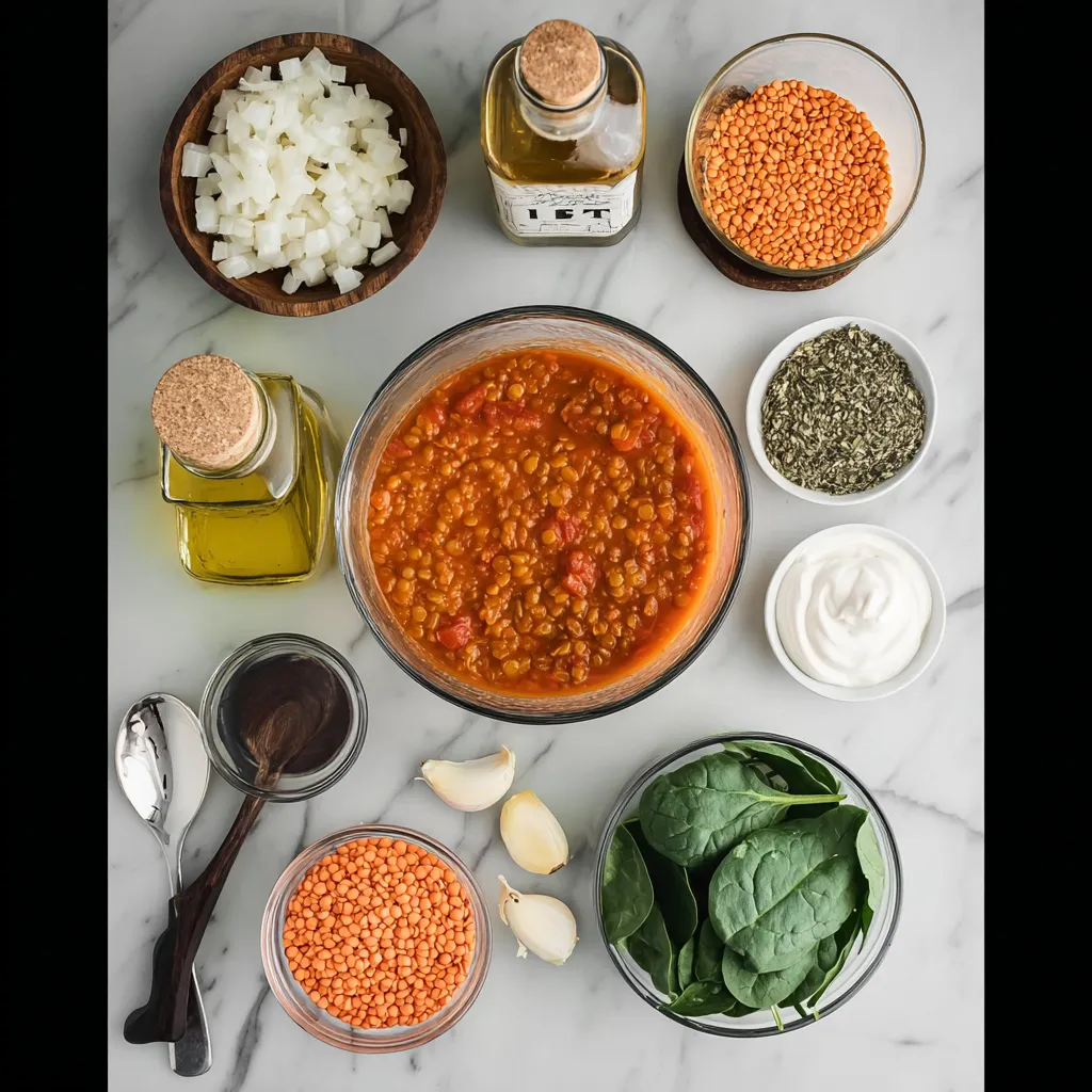 A variety of ingredients for a slow cooker lentil soup.