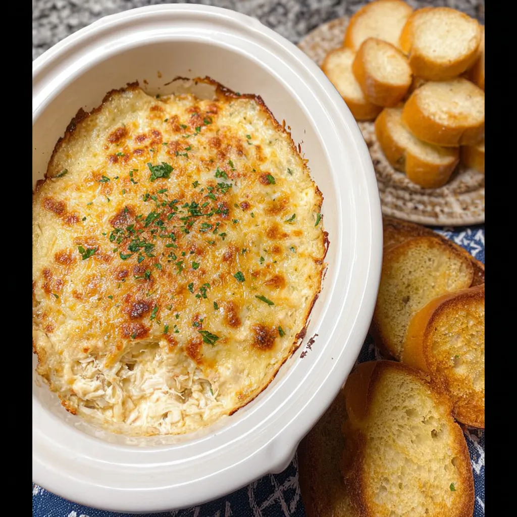 A bowl of crab dip with bread and oranges.