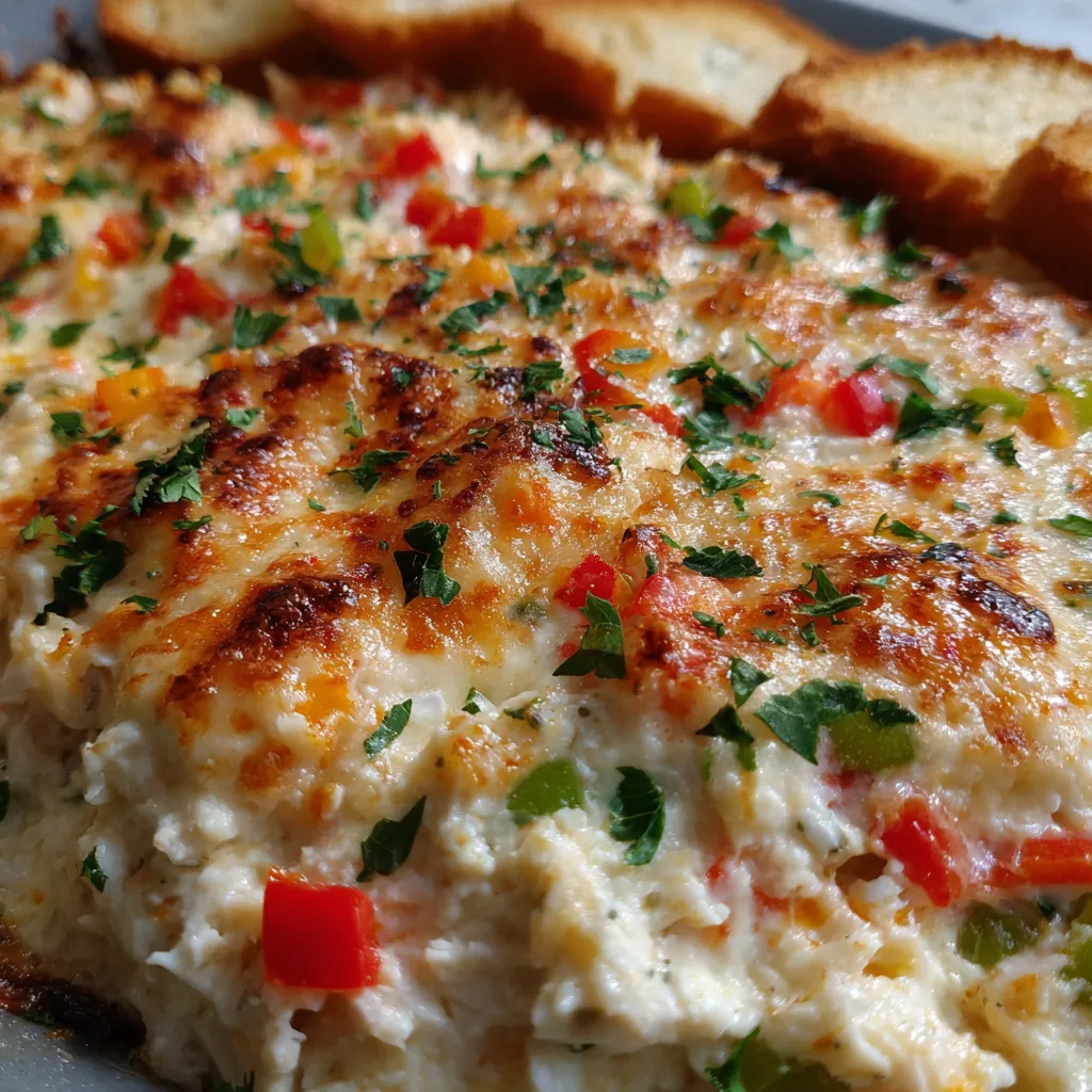 A dish of crab dip with bread.