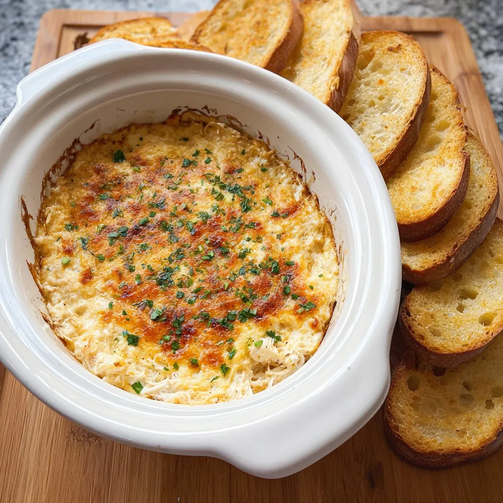 A bowl of crab dip with bread on the side.