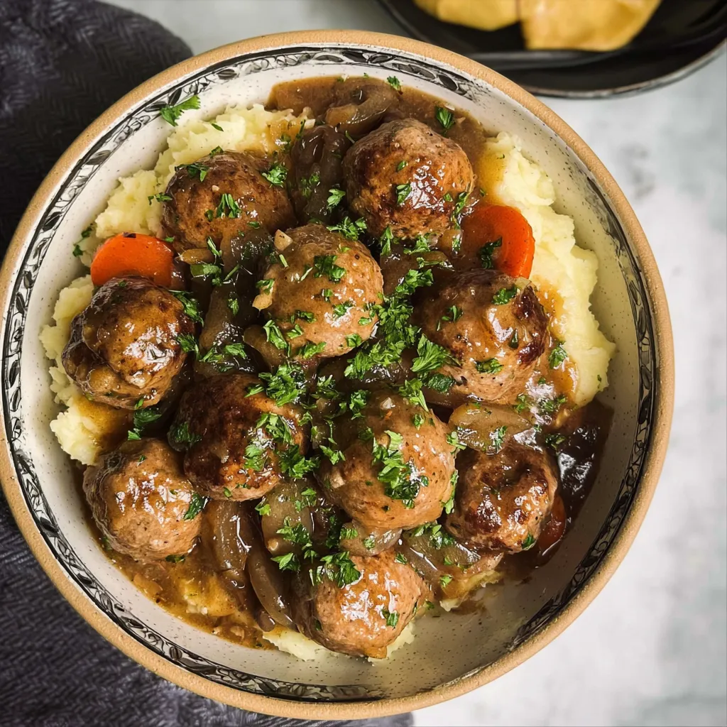 A bowl of meatballs with gravy and vegetables.