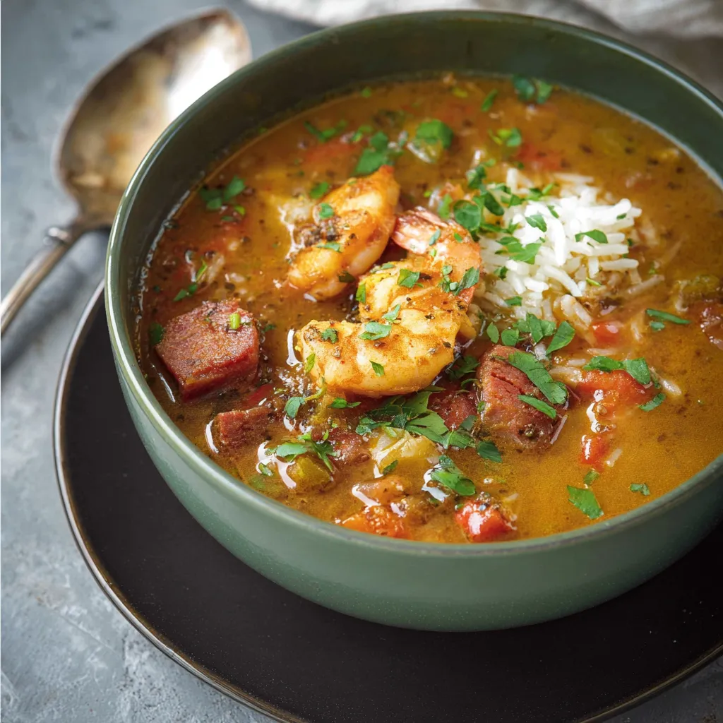 A bowl of slow cooker spicy gumbo.