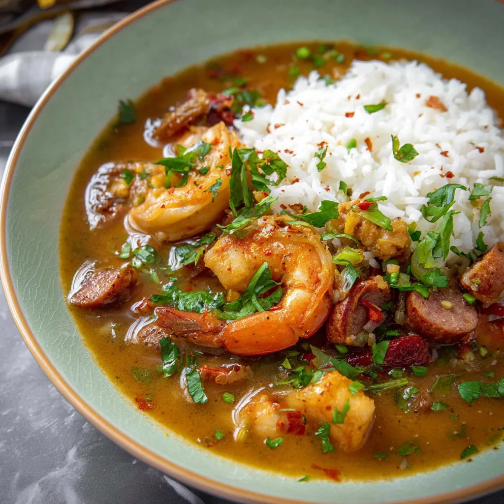 A bowl of slow cooker spicy gumbo with shrimp and rice.