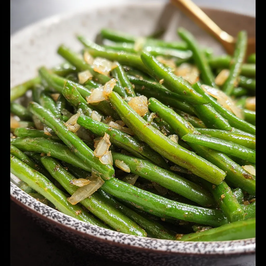 A plate of sautéed green beans with garlic.