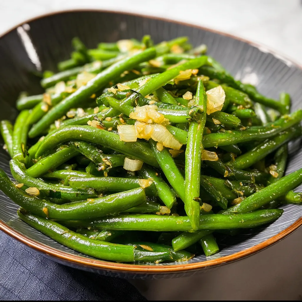 A bowl of sautéed green beans with garlic.