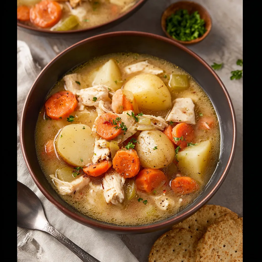 A bowl of chicken stew with carrots and potatoes.