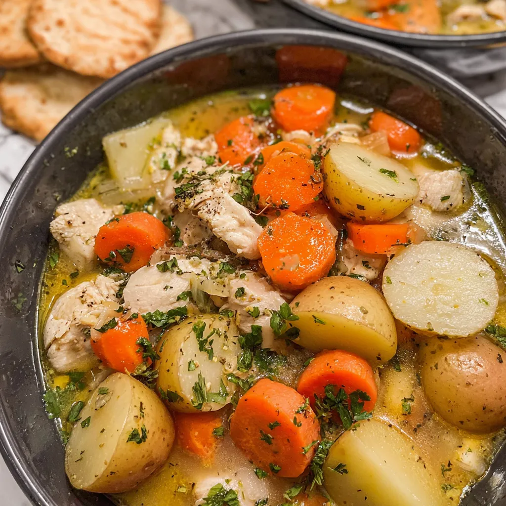 A bowl of chicken stew with carrots and potatoes.