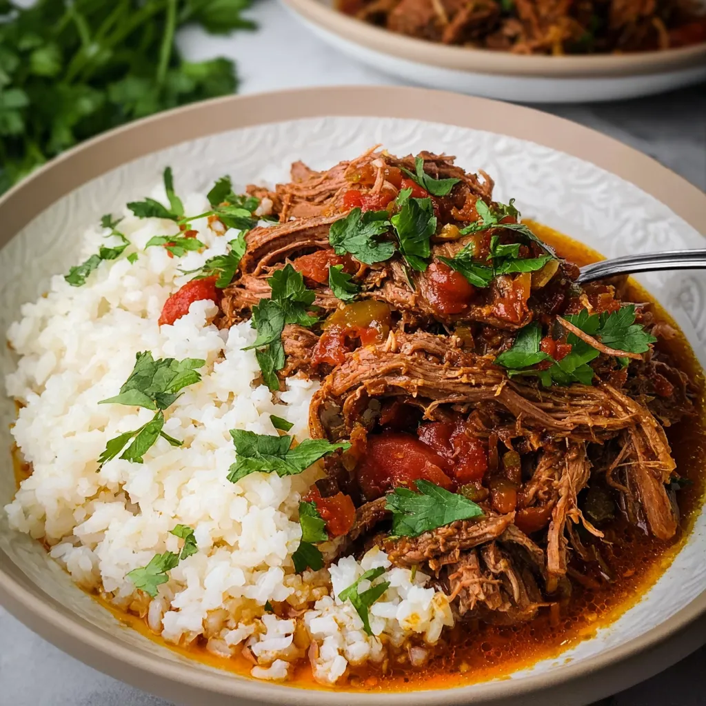 A bowl of beef stew with rice and tomatoes.